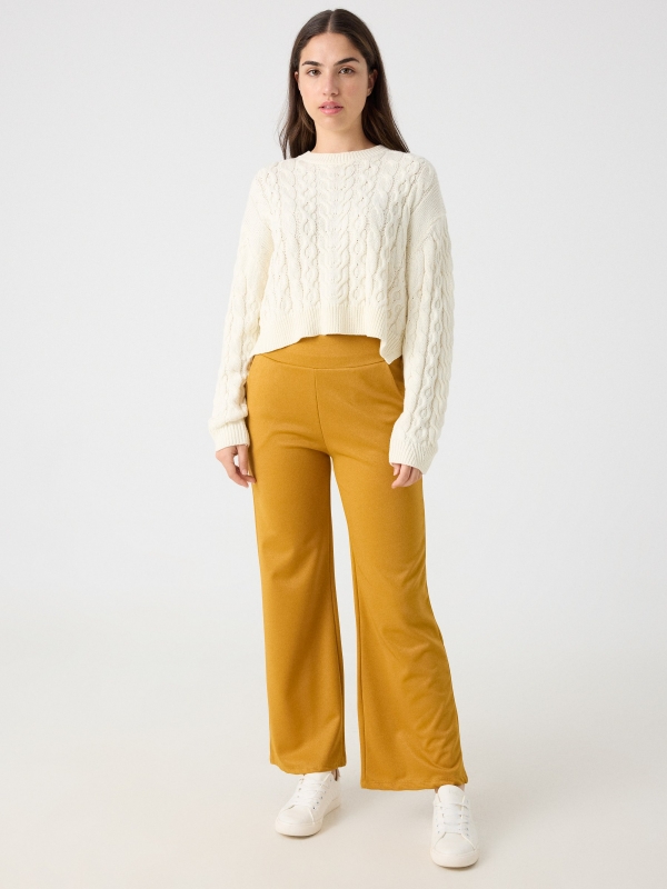 Flare lurex pants mustard front view
