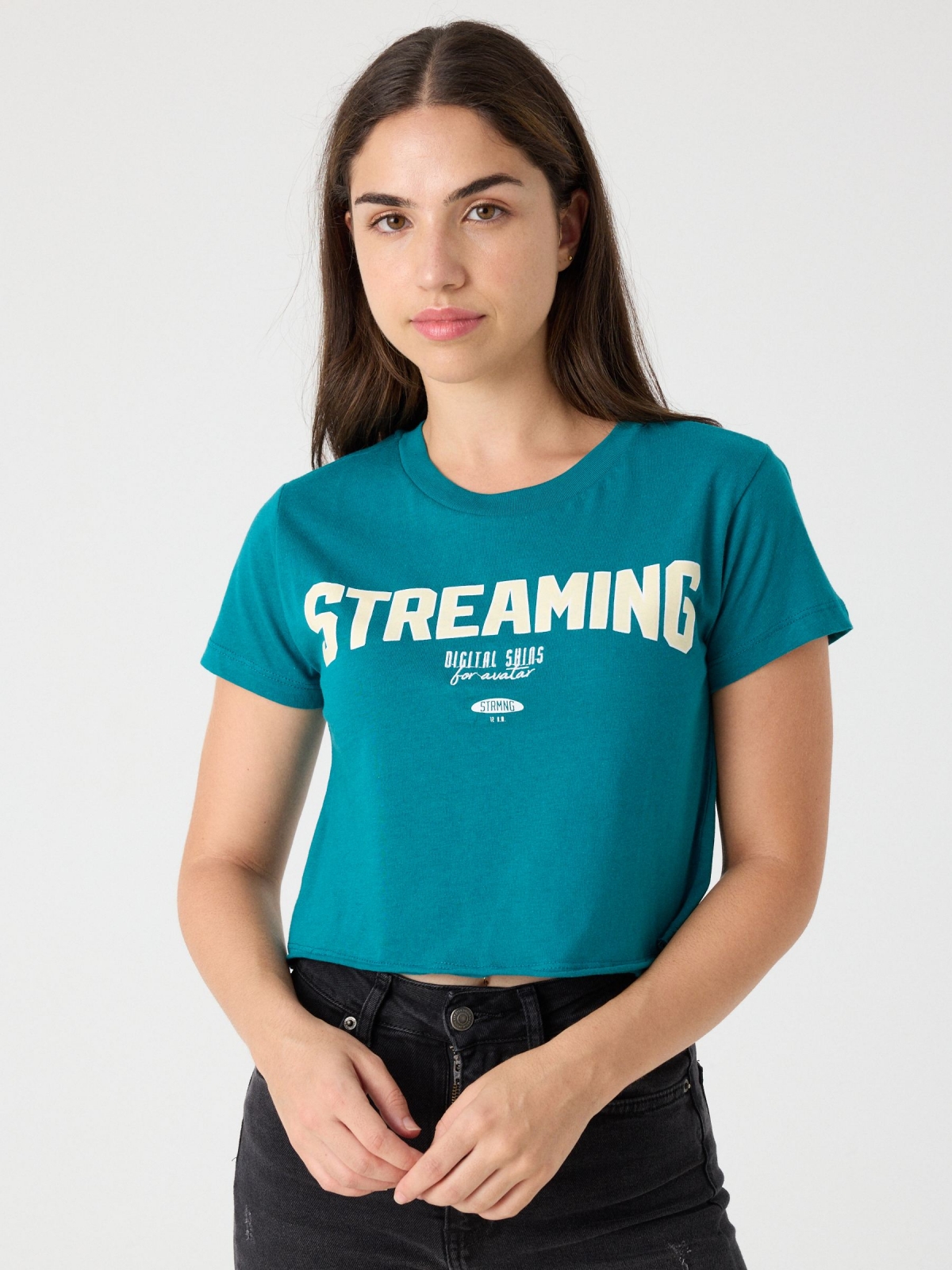 T-shirt streaming verde vista meia frontal
