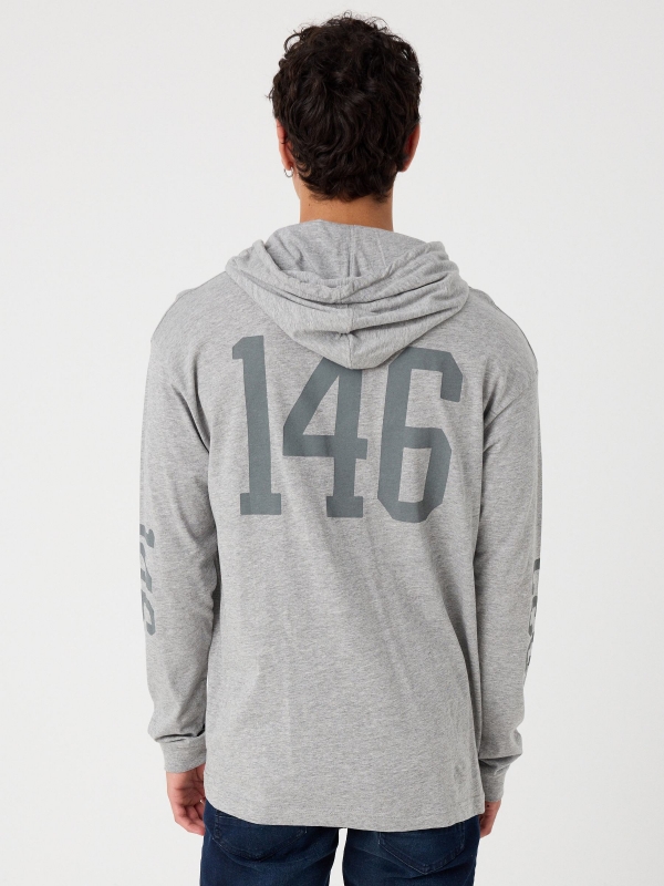 College hooded t-shirt grey middle back view