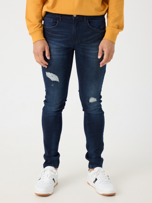 Ripped washed blue super slim jeans navy middle front view