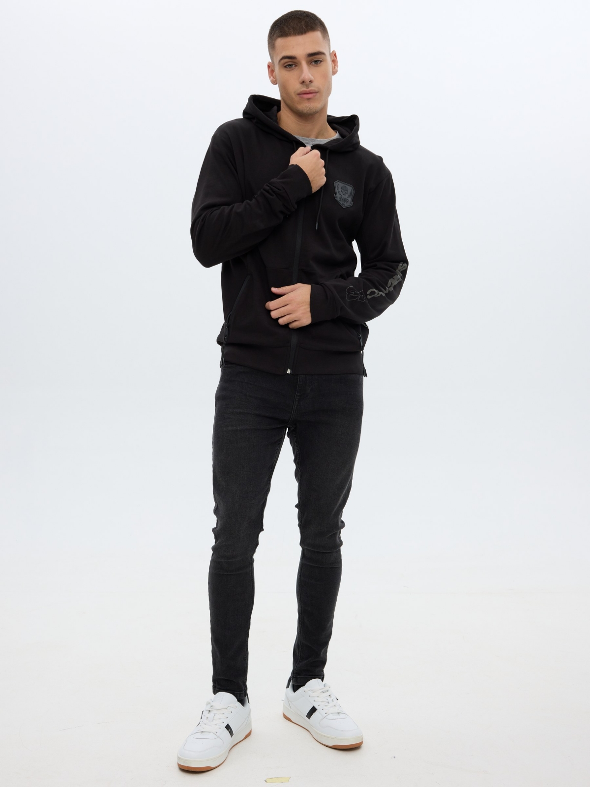 Zipper hooded sweatshirt black front view
