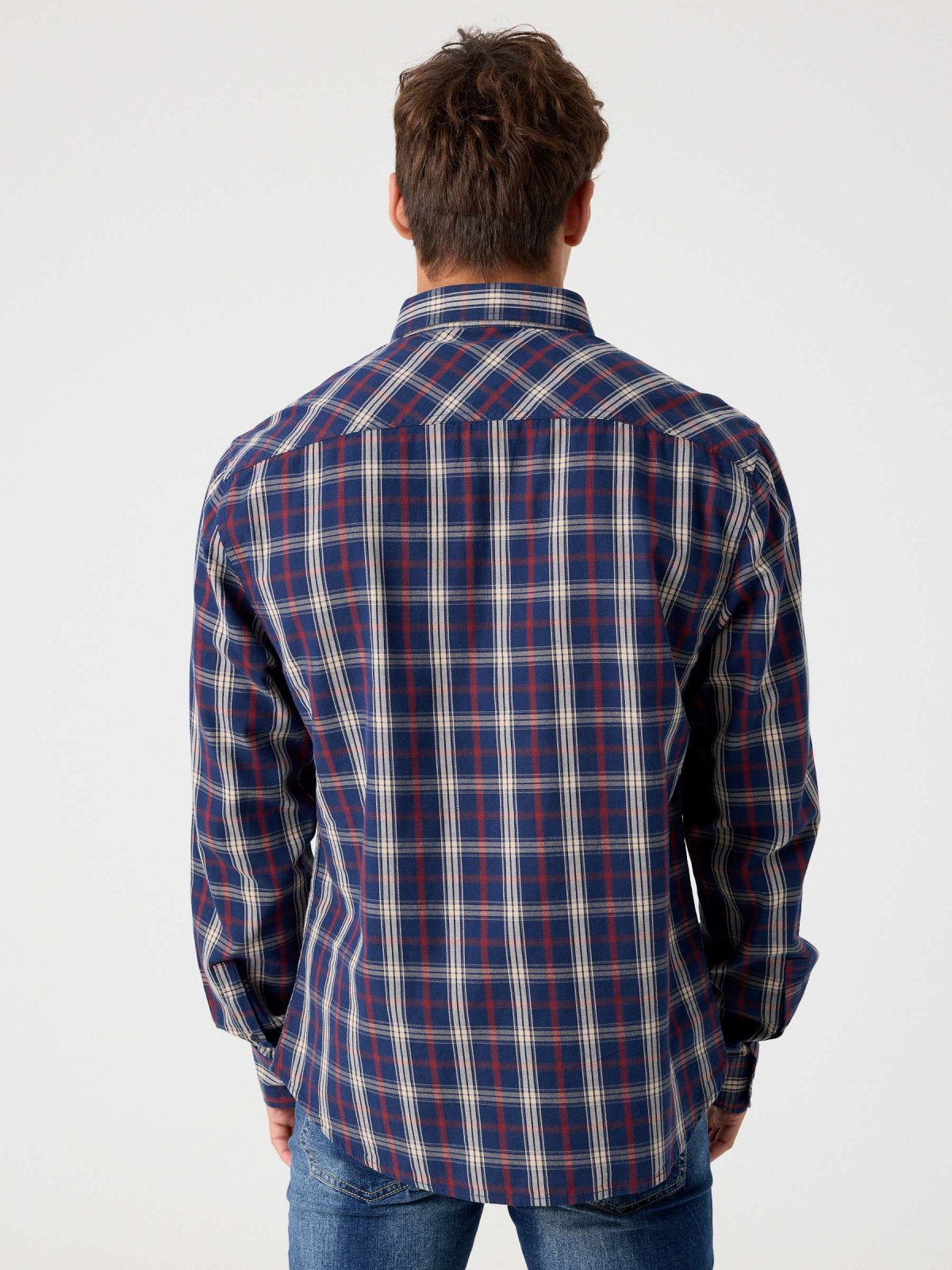 Blue checked print shirt navy middle back view