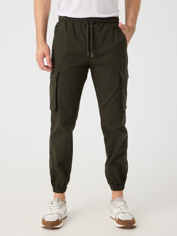 Adjustable cargo joggers khaki middle front view