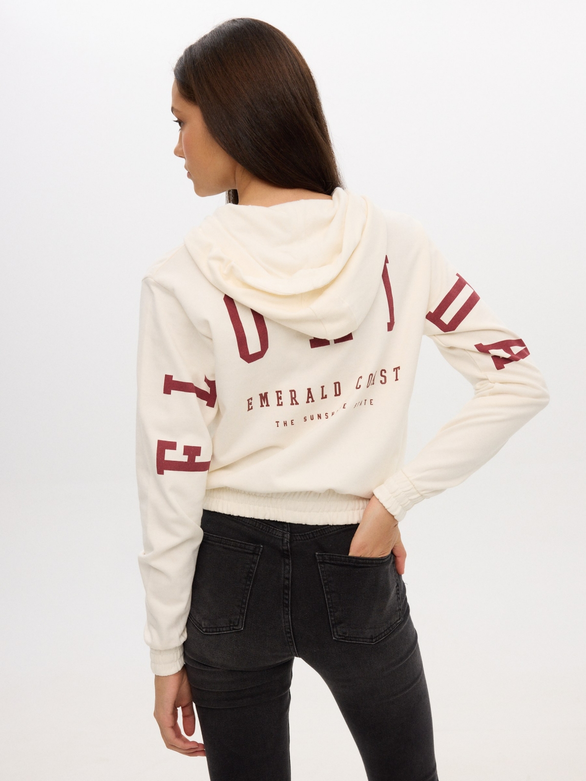 Open hooded sweatshirt off white middle back view