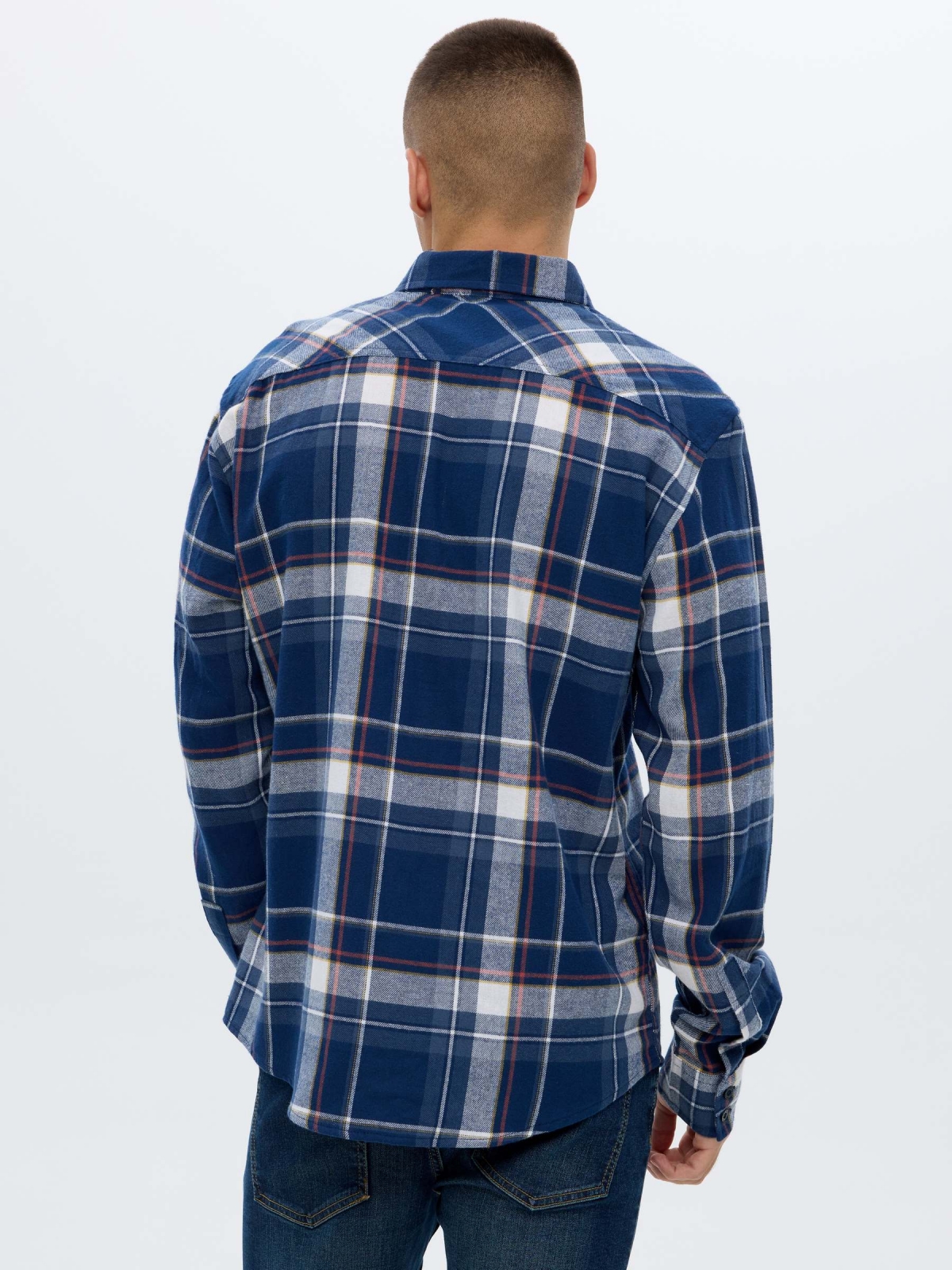 Plaid flannel shirt blue middle back view