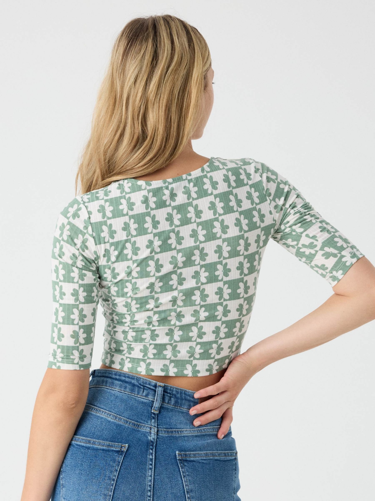 Floral sweetheart neckline t-shirt green middle back view