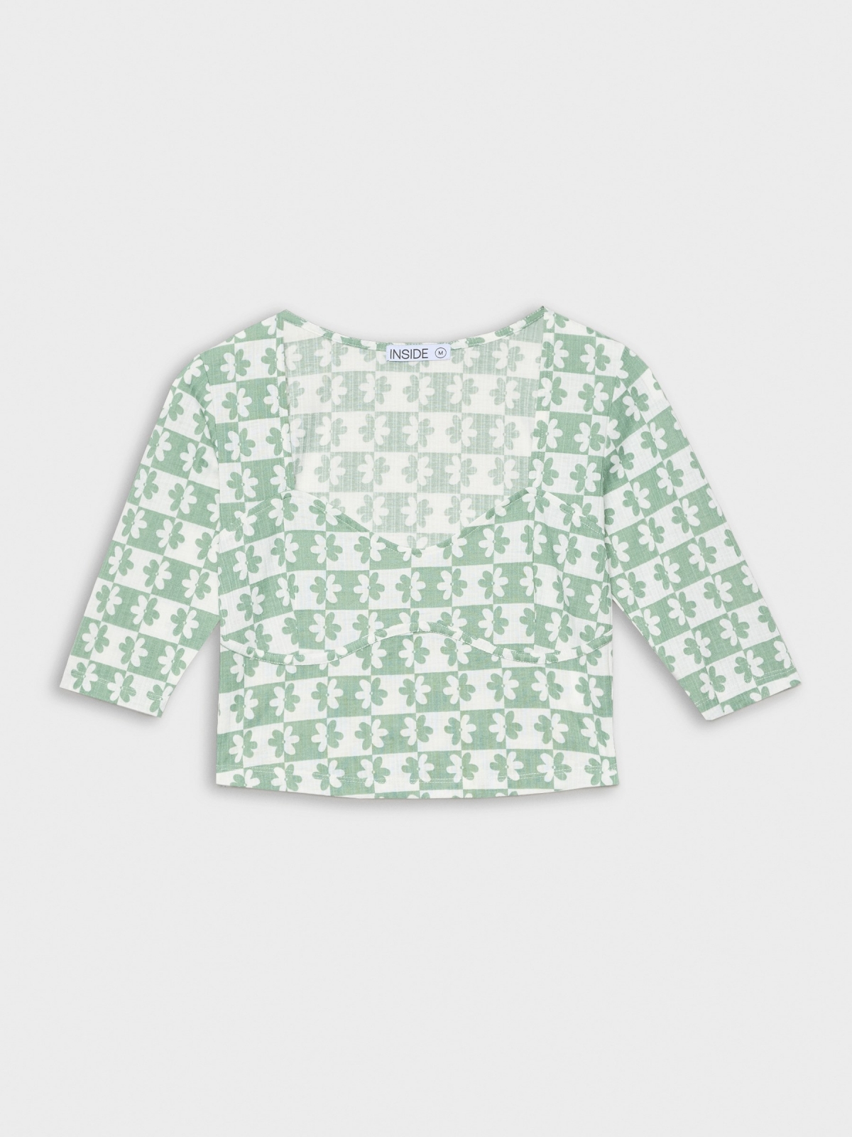  T-shirt floral decote em coração verde
