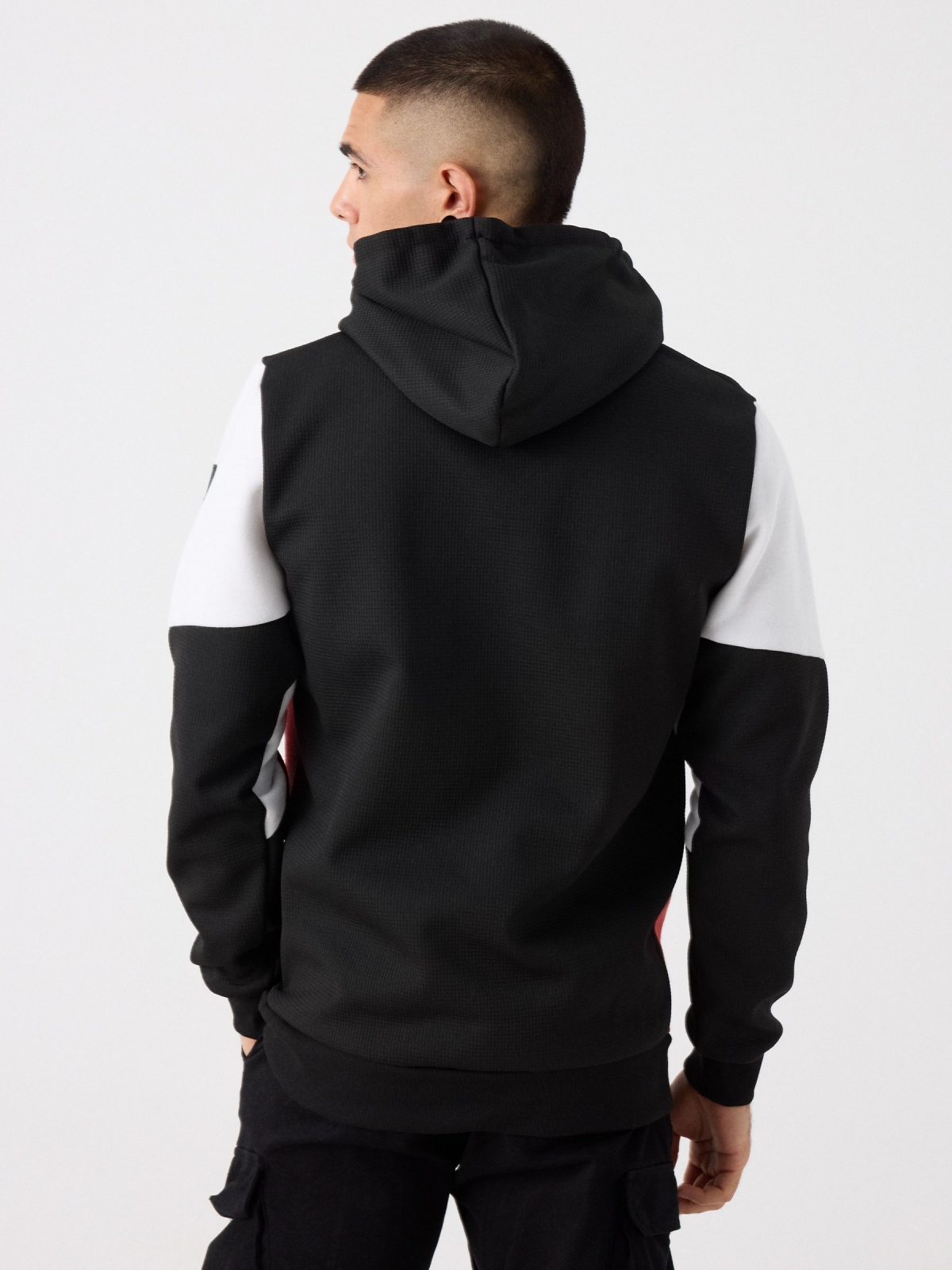 Color block pocket hoodie black middle back view