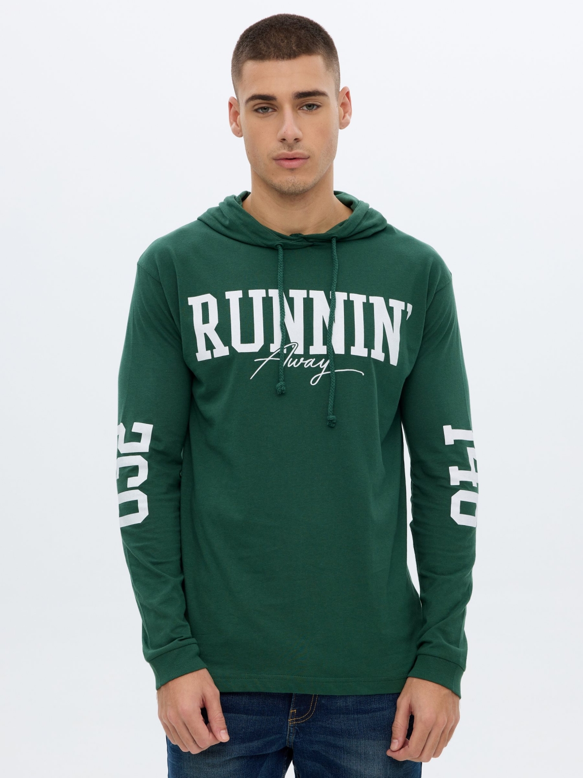 College hooded t-shirt green middle front view