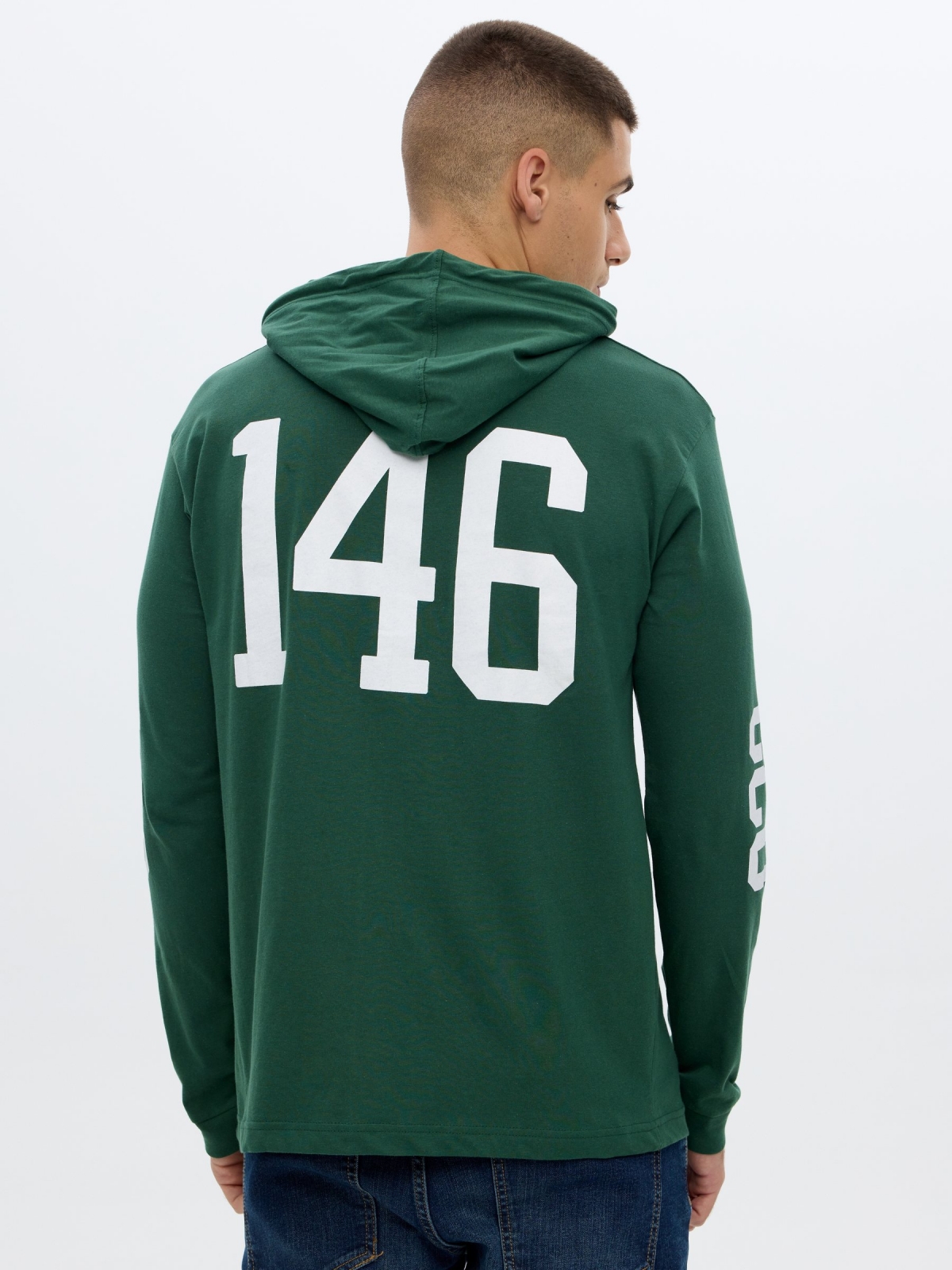 College hooded t-shirt green middle back view