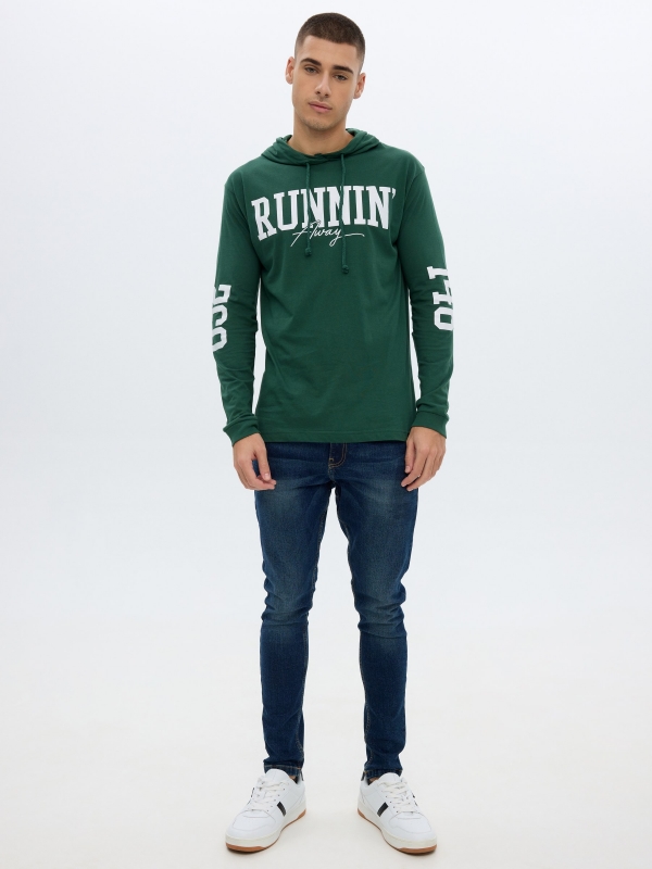 College hooded t-shirt green front view