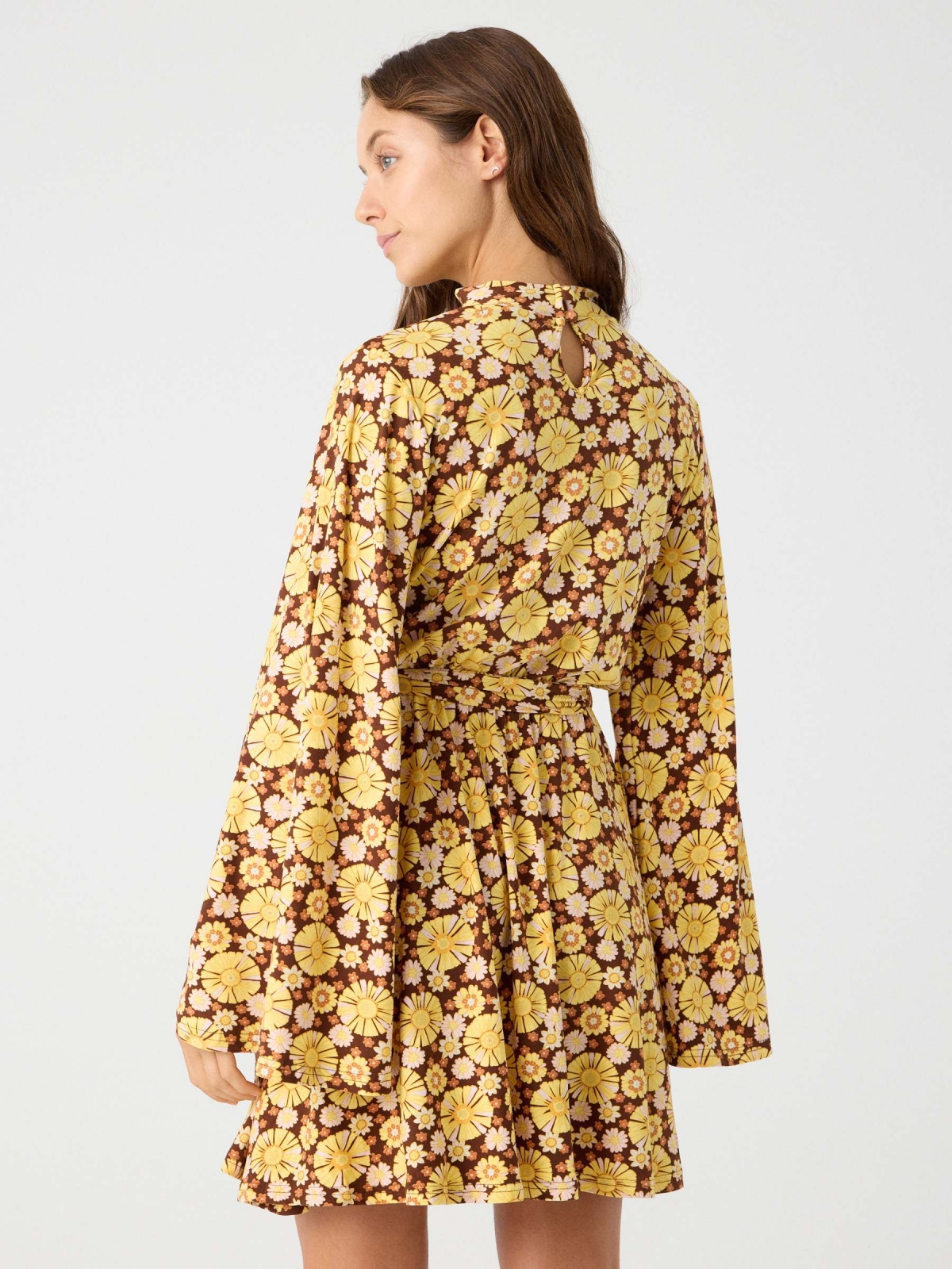 Flare sleeve floral dress brown middle back view