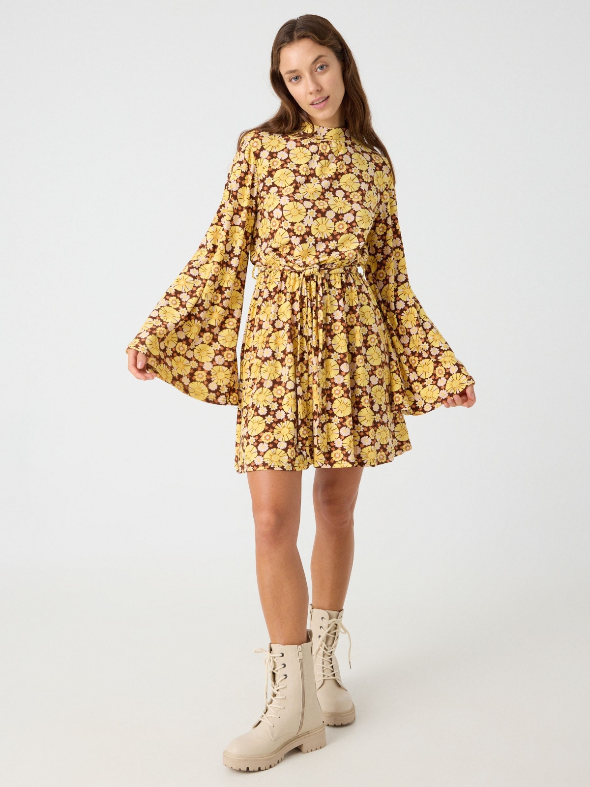 Flare sleeve floral dress brown front view
