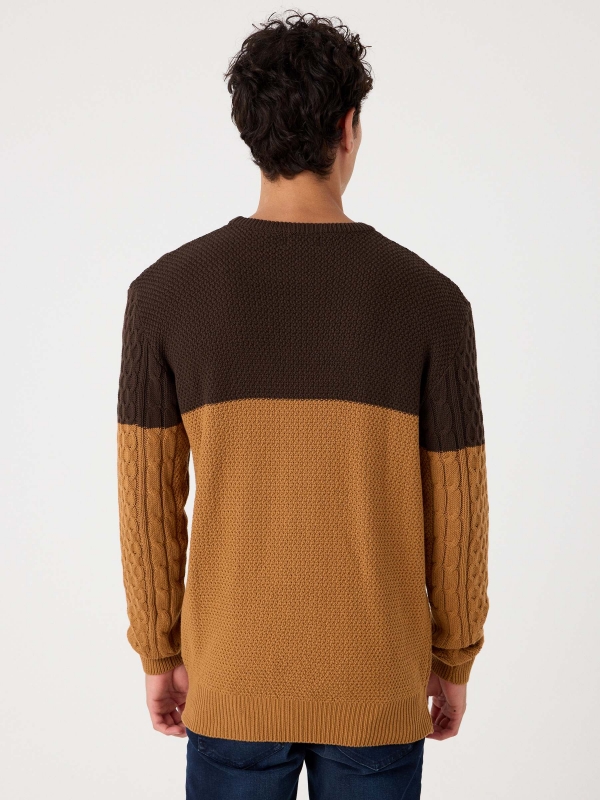 Two-tone cable knit sweater brown middle back view