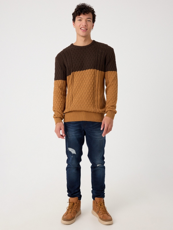 Two-tone cable knit sweater brown front view