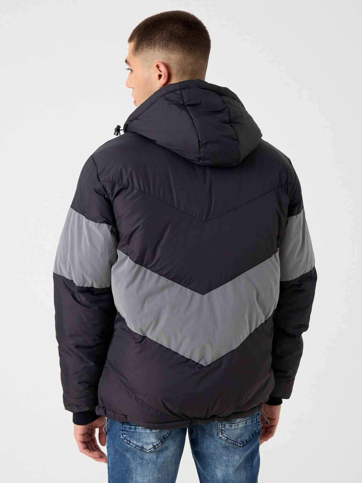 Quilted jacket with hood black middle back view