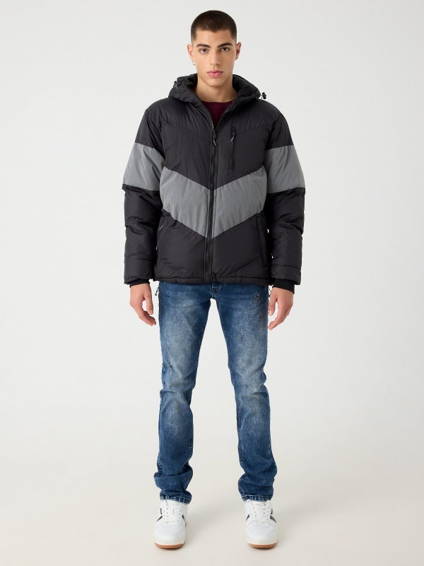 Quilted jacket with hood black front view
