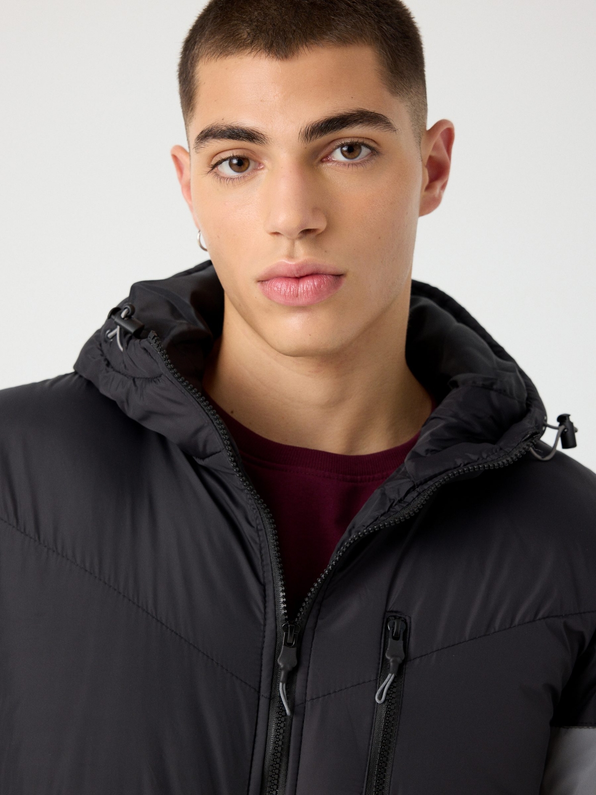 Quilted jacket with hood black detail view