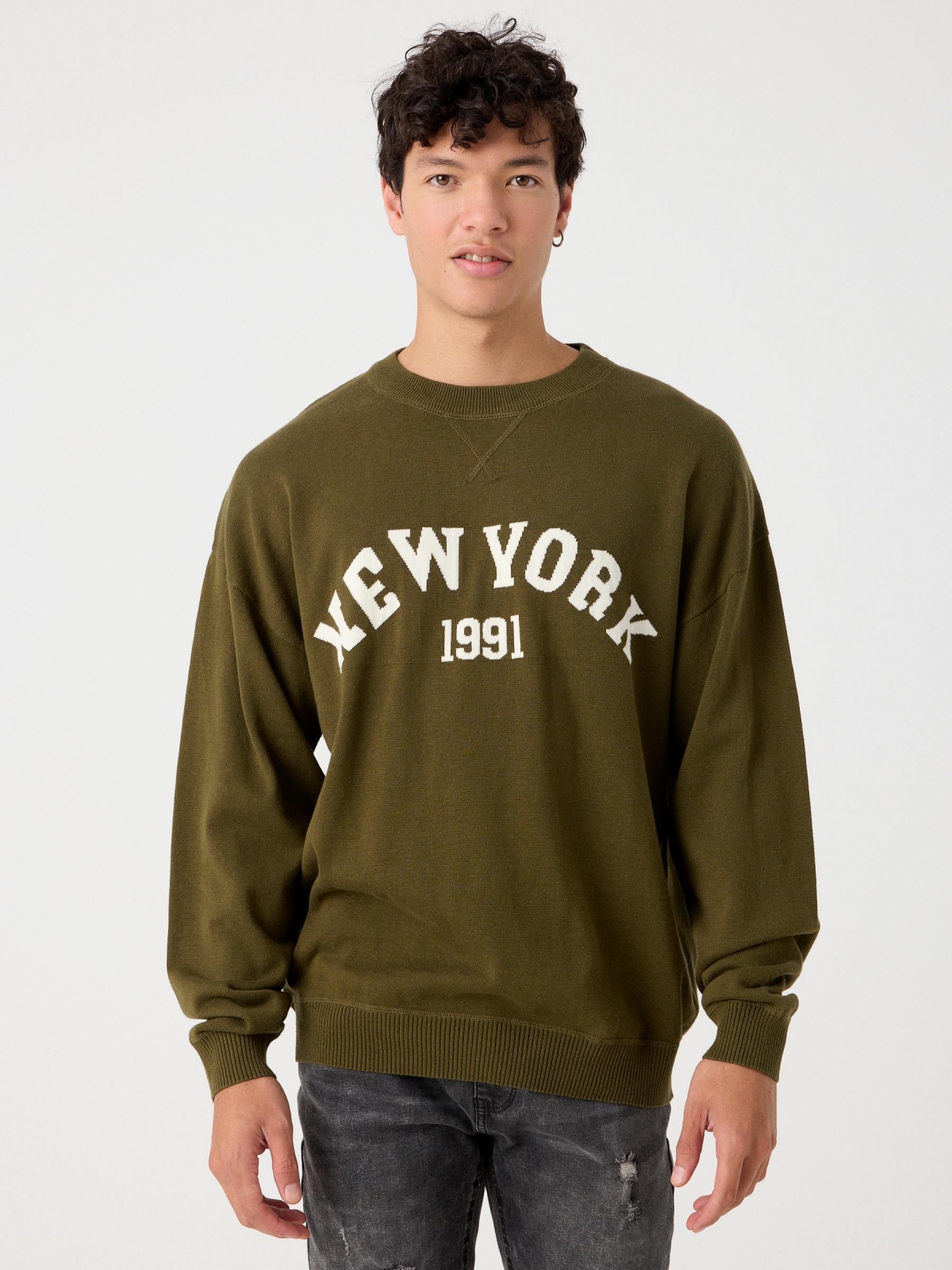 Text knit sweater dark green middle front view