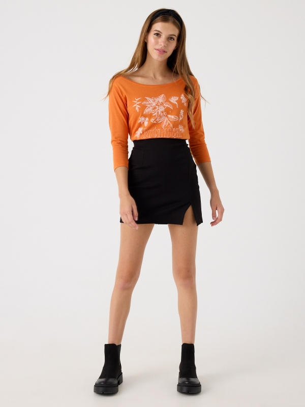 Floral print 3/4 sleeve t-shirt orange front view