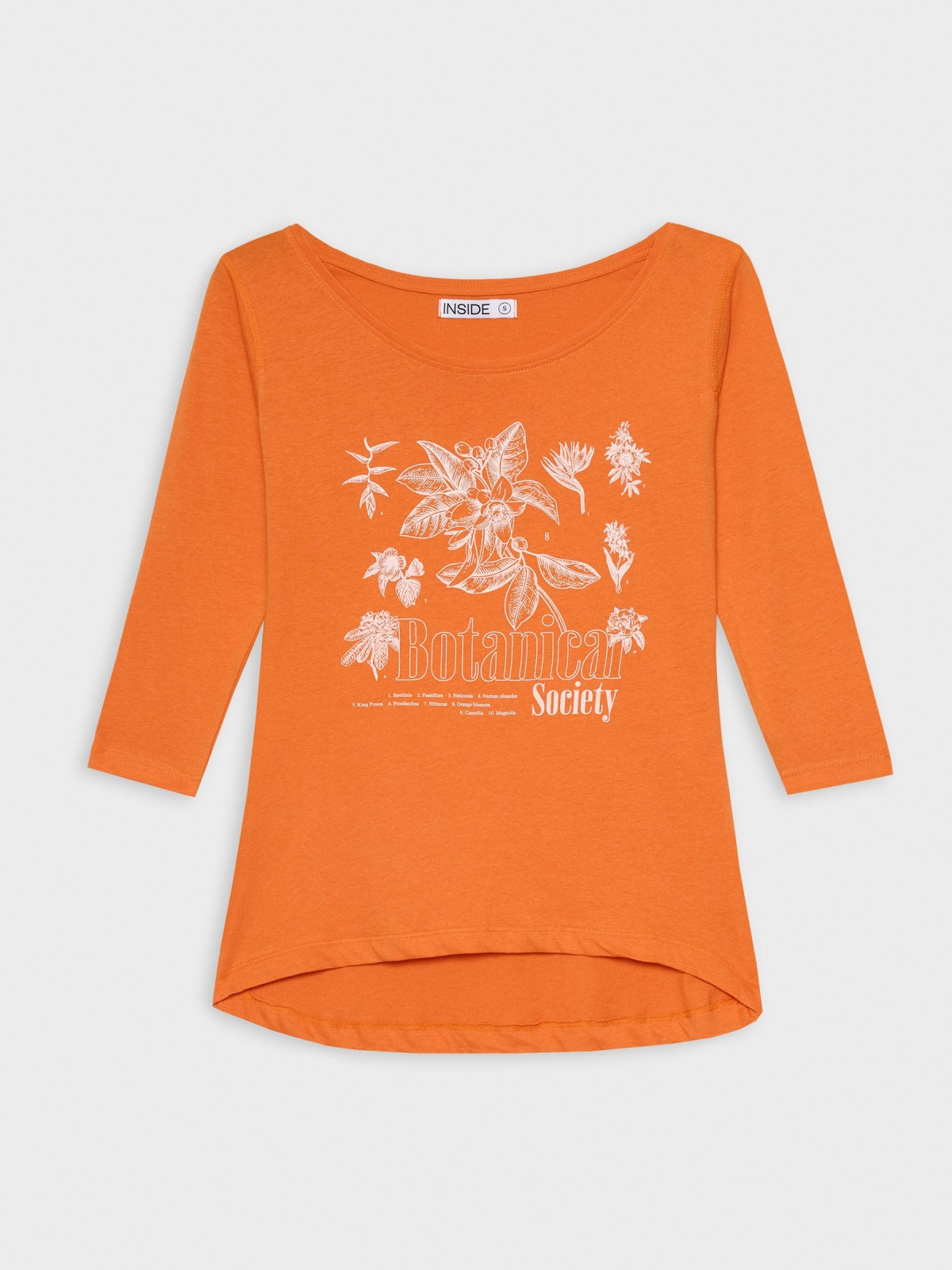  T-shirt manga 3/4 com estampa floral laranja