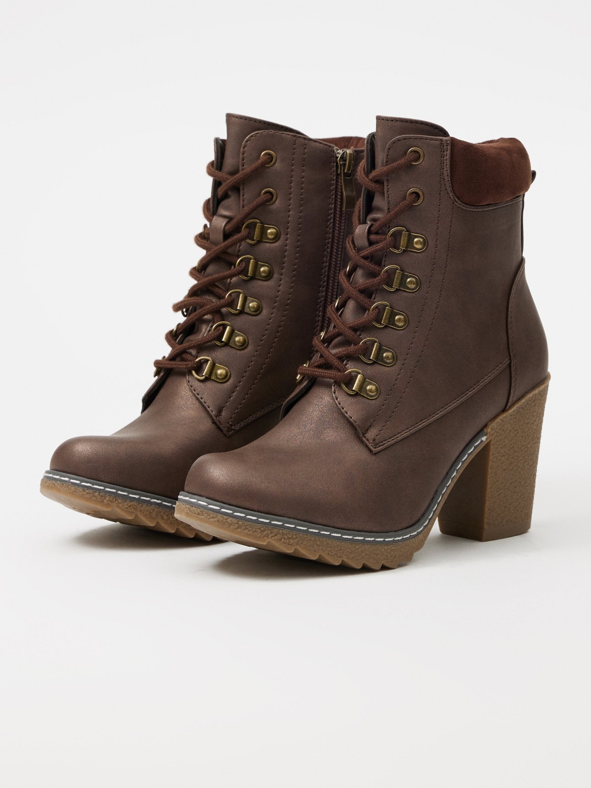 Brown lace-up leather effect ankle boots dark brown 45º front view