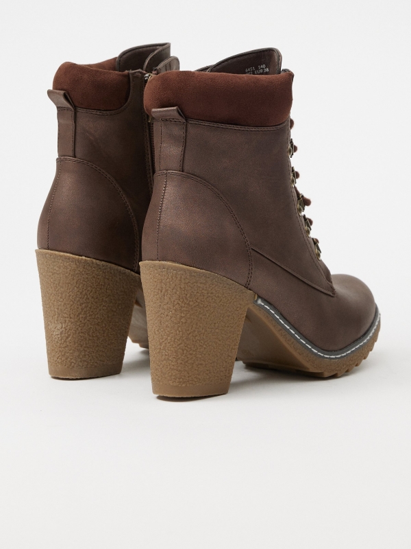 Brown lace-up leather effect ankle boots dark brown 45º back view