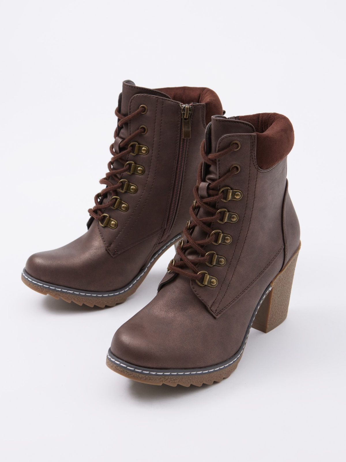 Brown lace-up leather effect ankle boots dark brown zenithal view