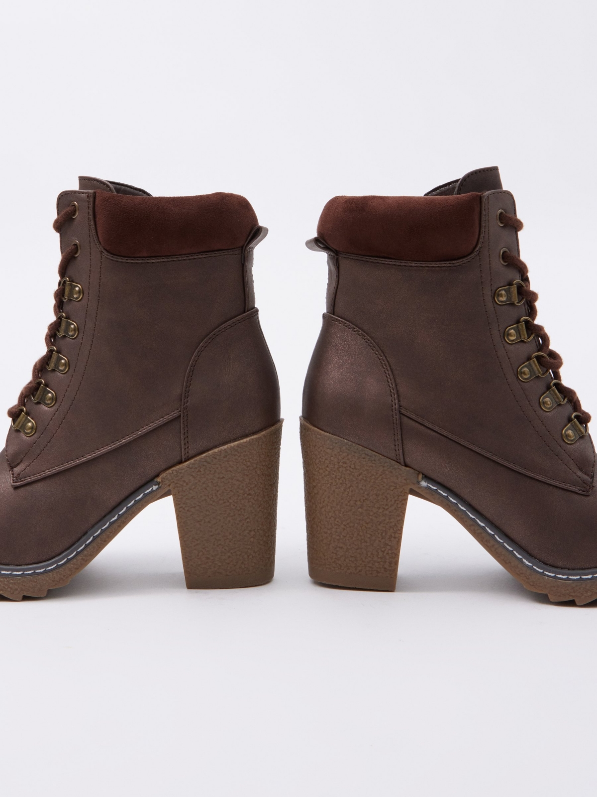 Brown lace-up leather effect ankle boots dark brown detail view