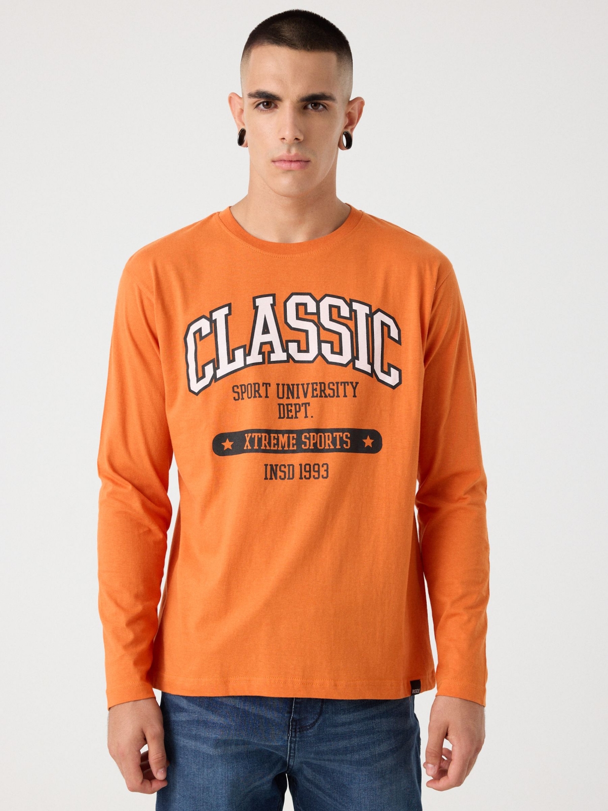 University print t-shirt orange middle front view