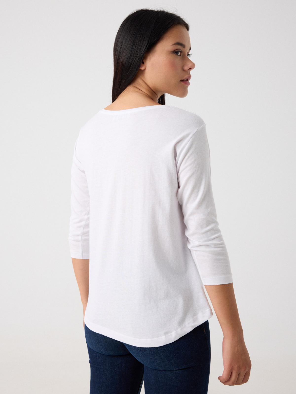 White 3/4 sleeve t-shirt white middle back view
