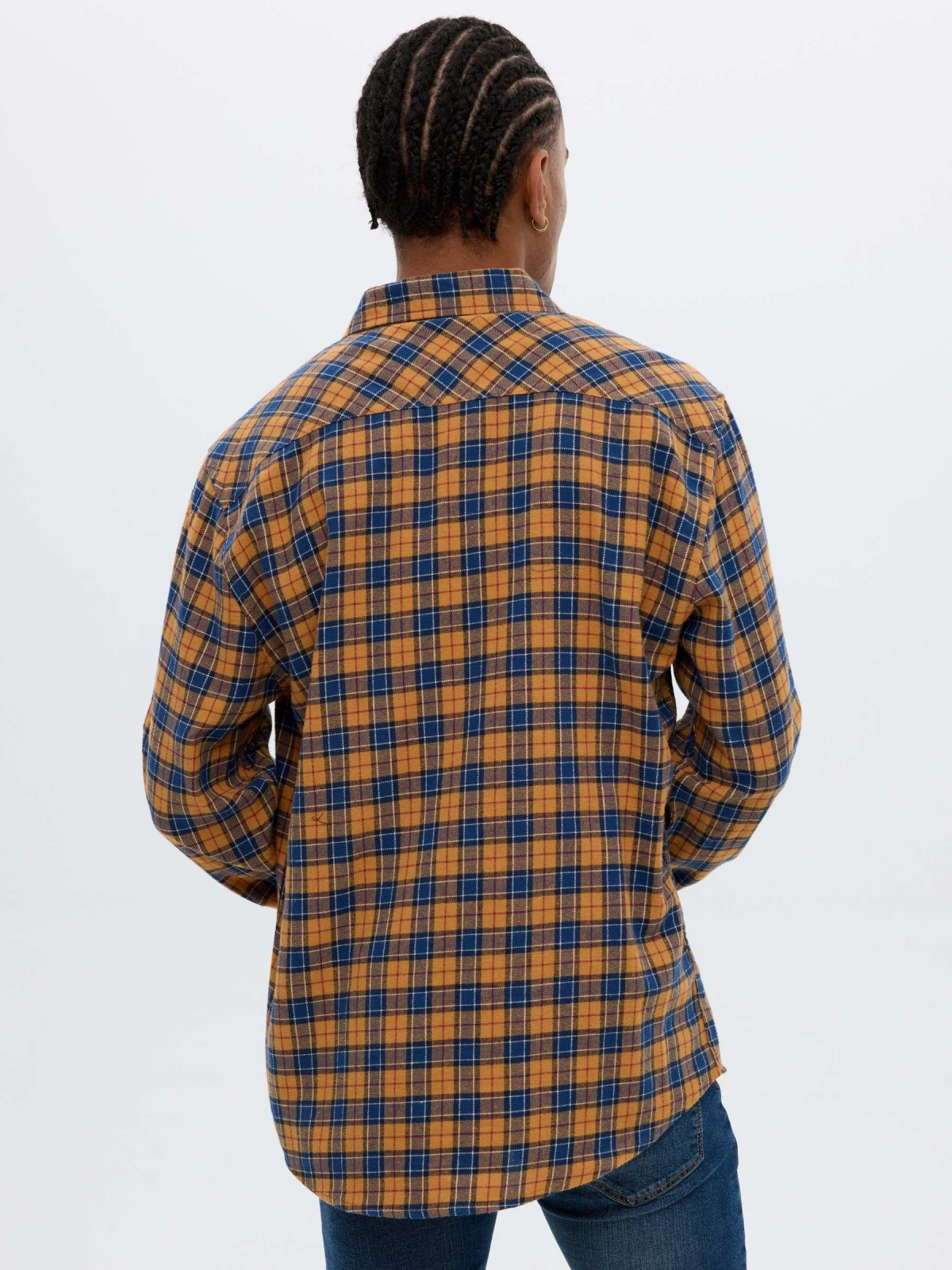 Plaid flannel shirt ochre middle back view