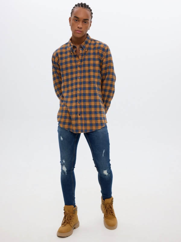 Plaid flannel shirt ochre front view