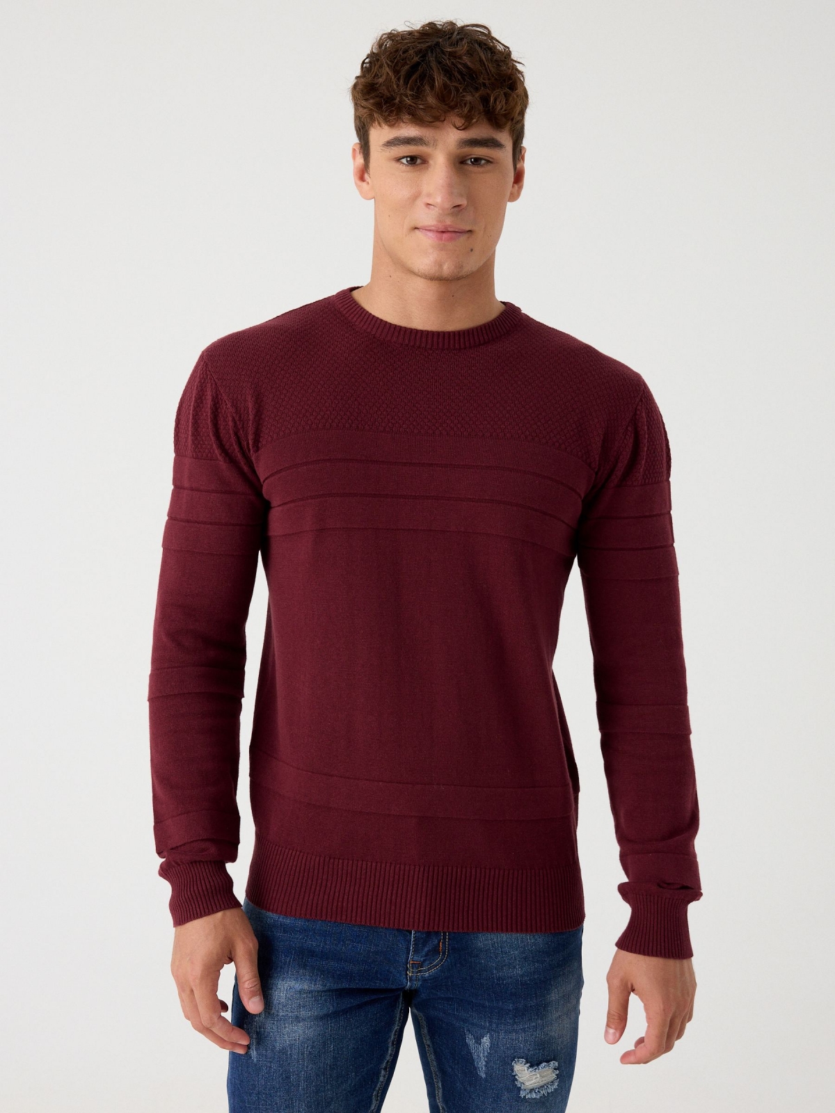Basic striped texture sweater garnet middle front view