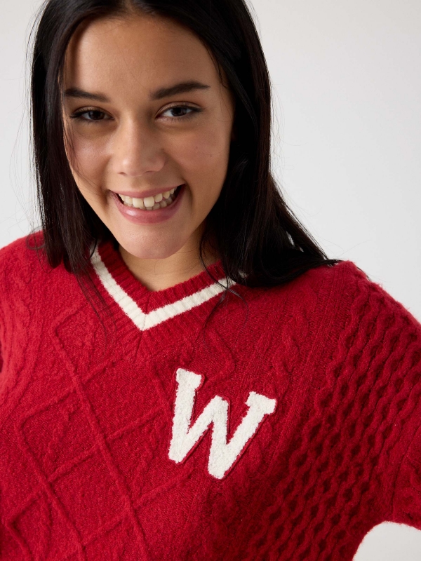 College sweater garnet detail view