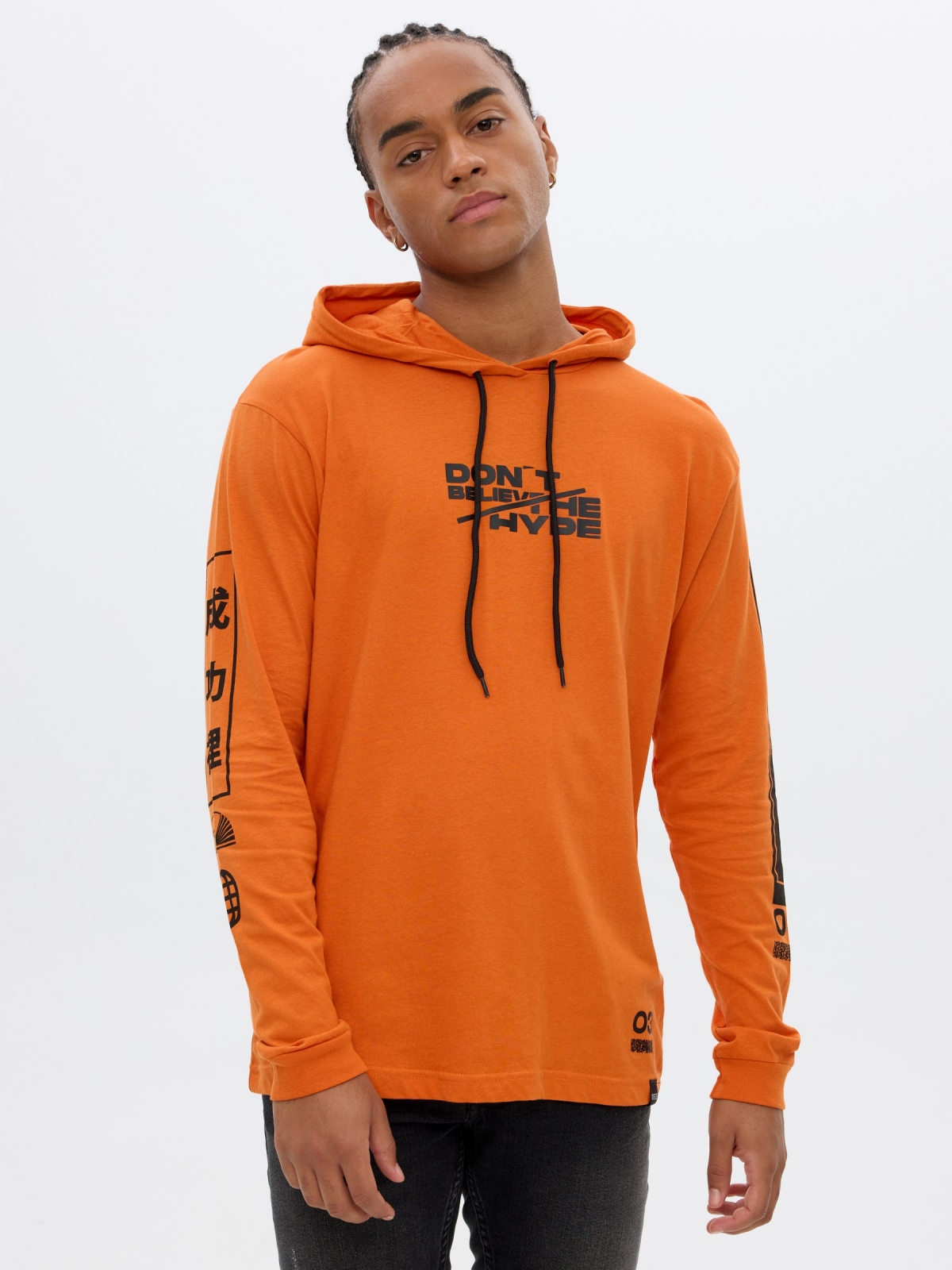 Printed hooded t-shirt dark orange middle front view