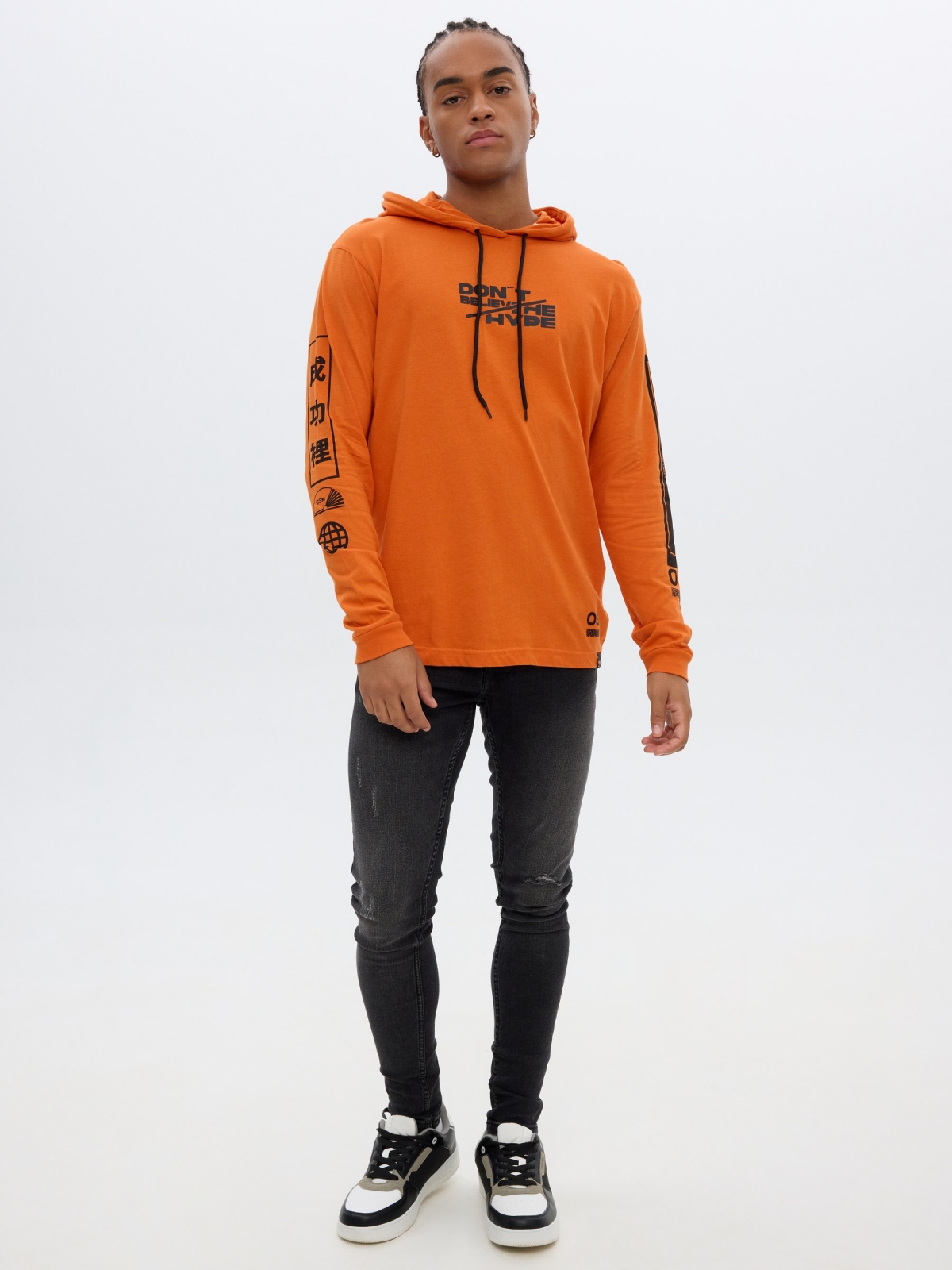 Printed hooded t-shirt dark orange front view