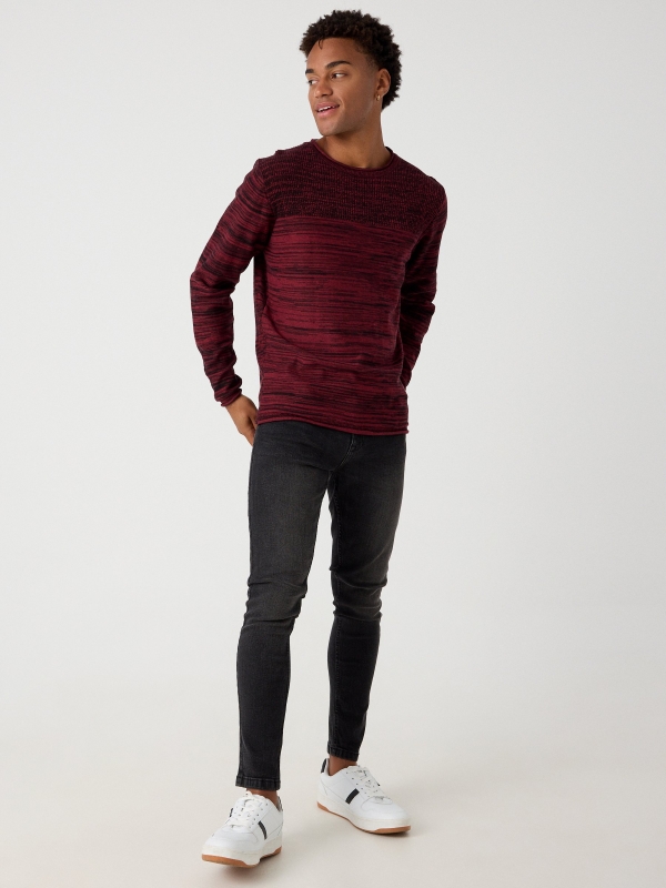 Combined ribbed sweater garnet front view