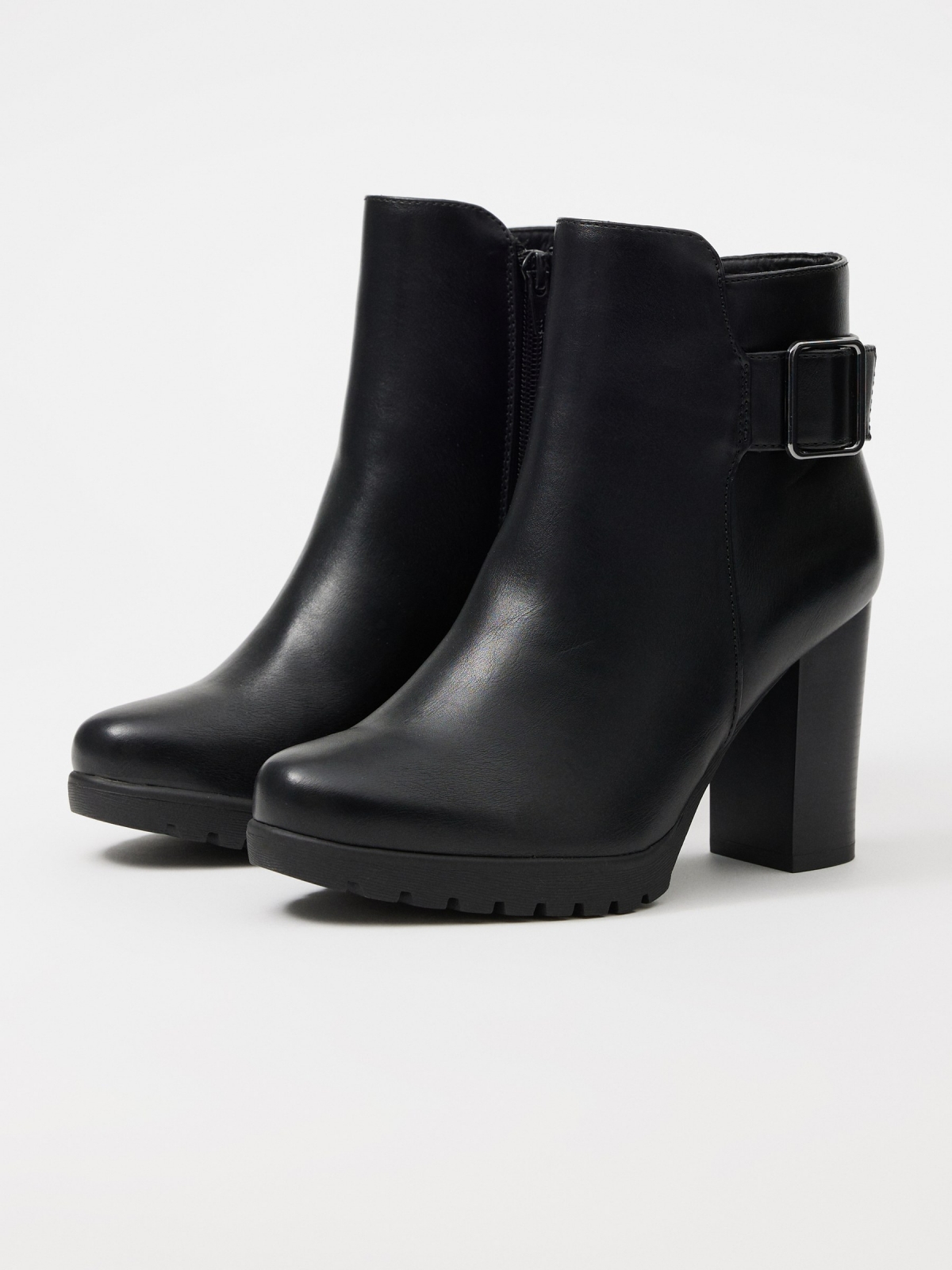 Black leather effect ankle boot with buckle black 45º front view