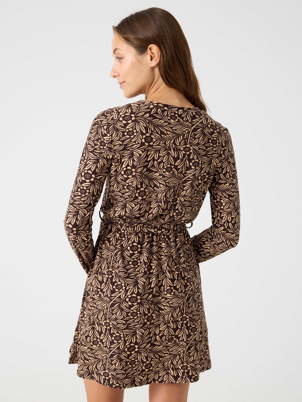 Floral print dress with bow earth brown middle back view