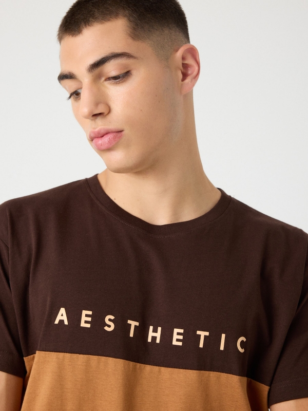 Colour-block t-shirt with text print earth brown detail view