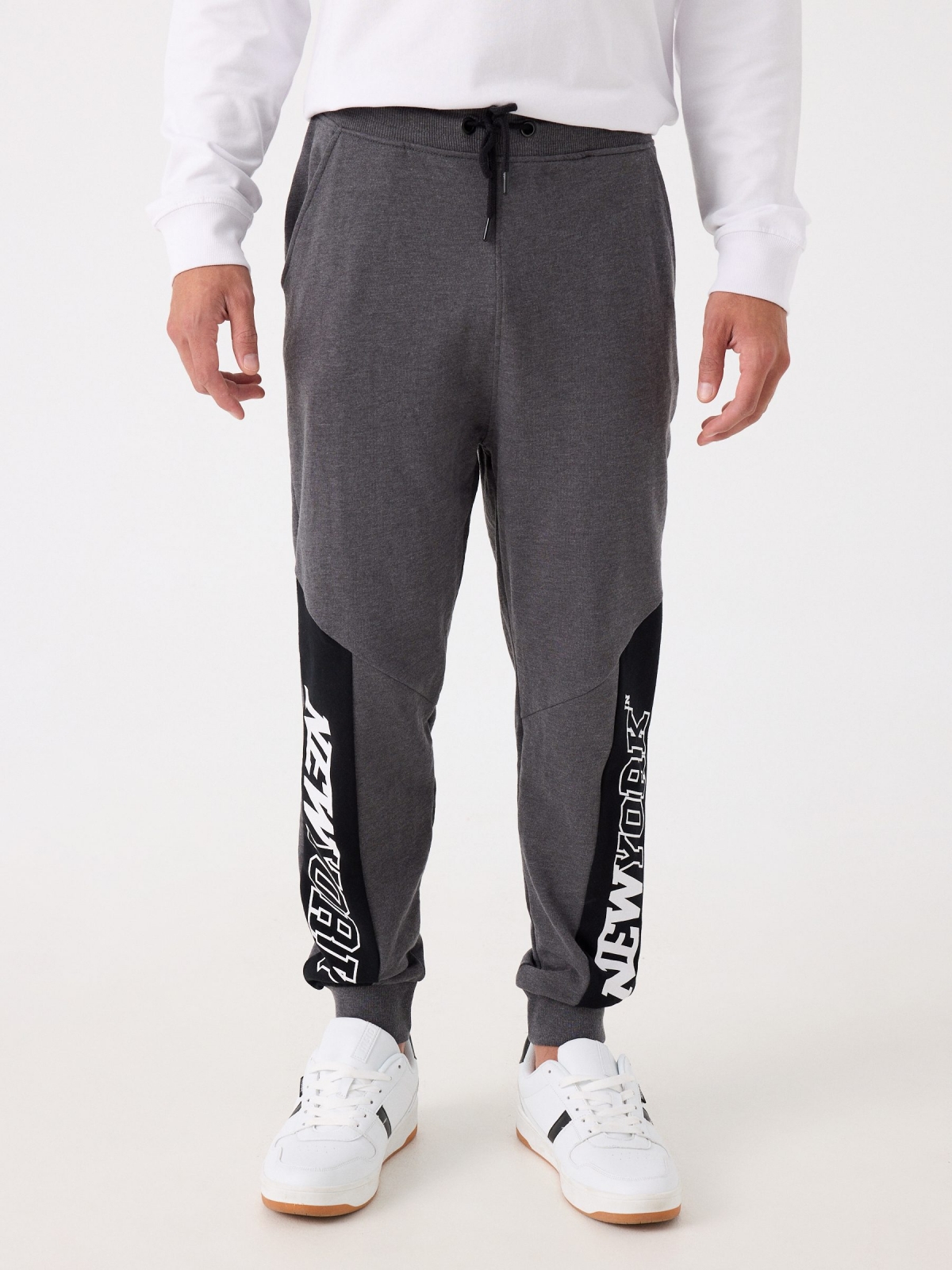 New York print joggers grey middle front view