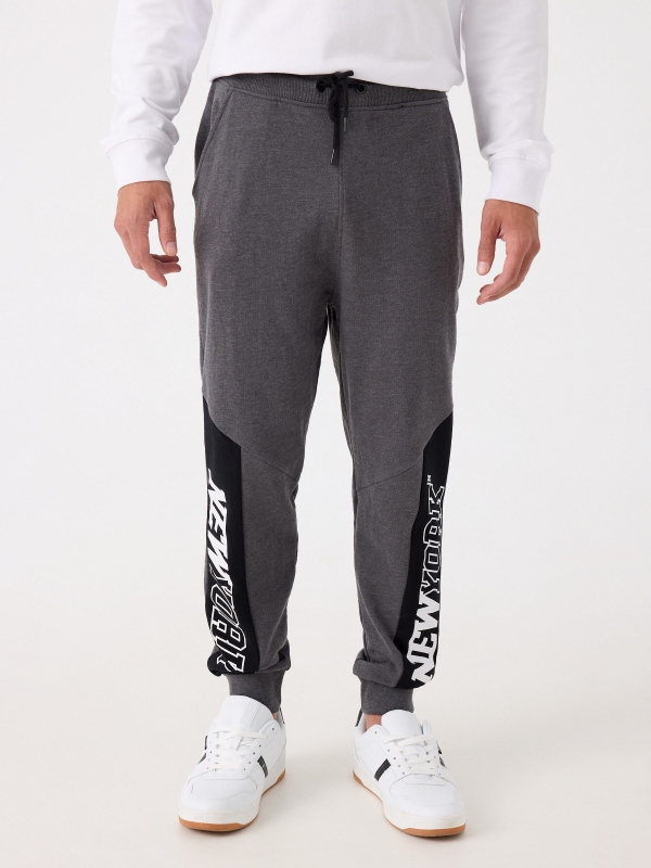 New York print joggers grey middle front view