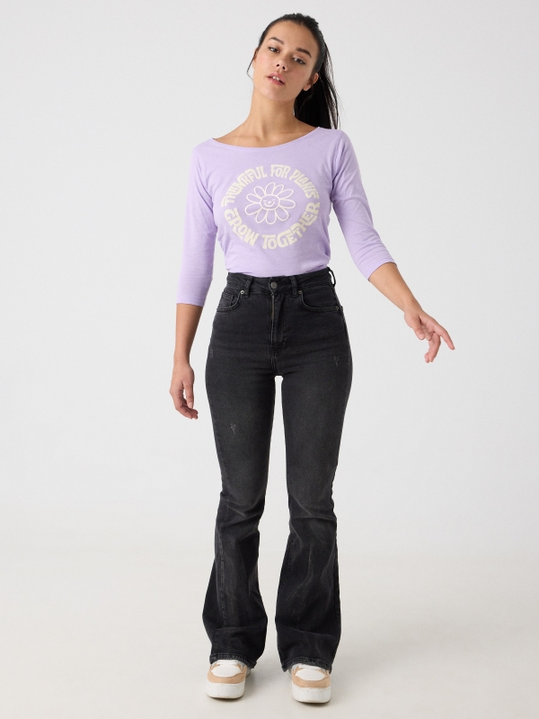 3/4 sleeve t-shirt with flower print lilac front view