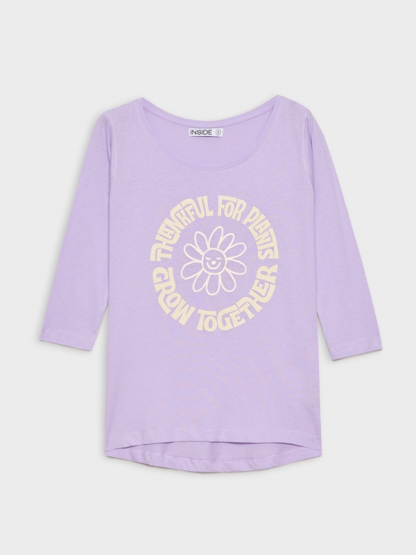  T-shirt manga 3/4 com estampa de flor lilás