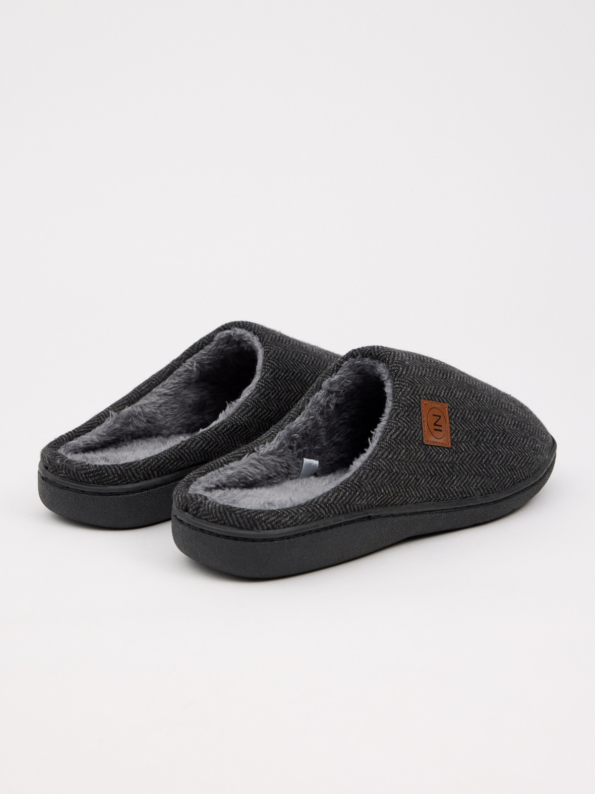 Fur lined home slippers dark grey front view