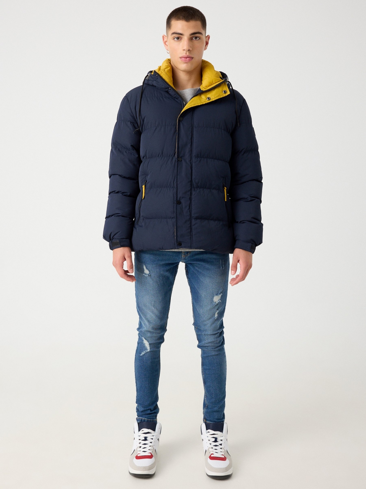 Contrast padded jacket navy front view