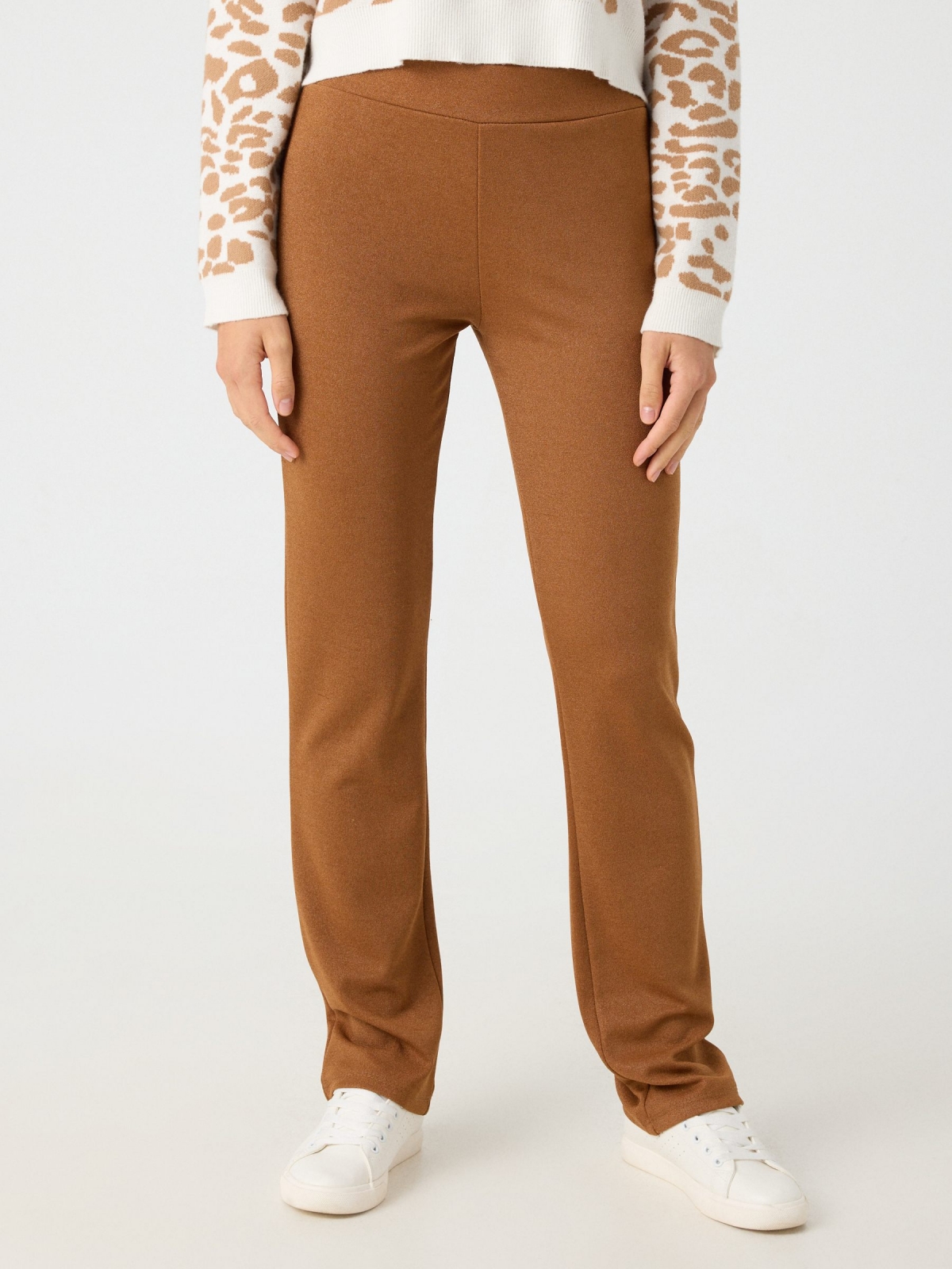 Elastic waist dress pants brown middle front view