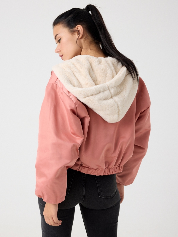 Furry hooded jacket pink middle back view