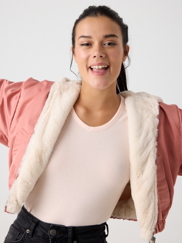 Furry hooded jacket pink detail view